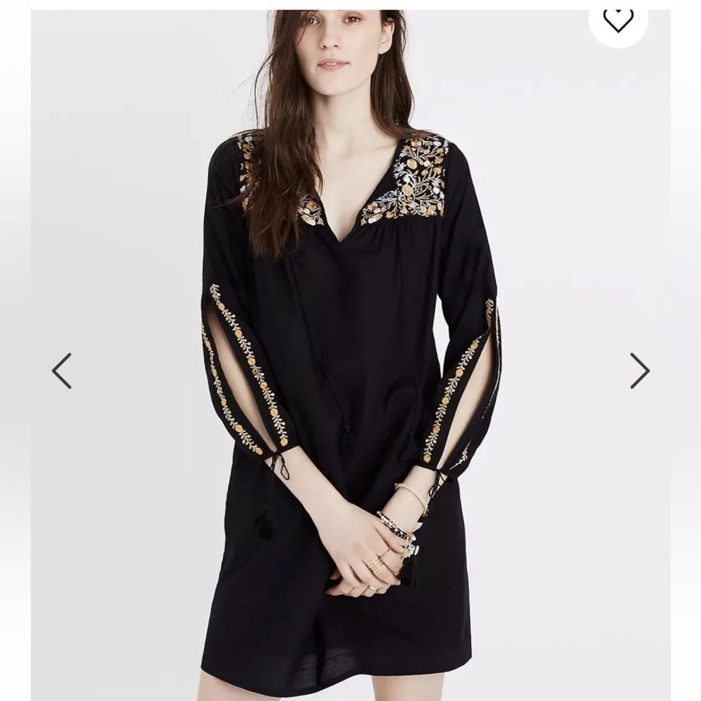 Madewell Black Embroidered Slit Sleeve Dress Floral Bohemian Tassel Women Size M